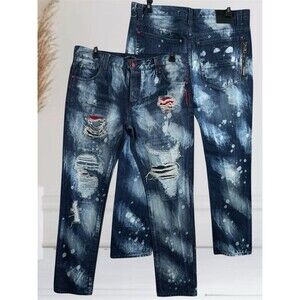 Cote De Nuits Buttonfly Men’s W36 L33 Distressed Acid Wash Blue Denim Jeans